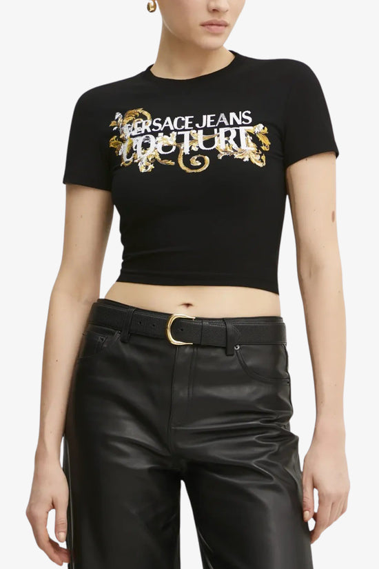 T-Shirt Corta Con Cristalli Outline Barocco-versace jeans couture-Nero-Donna-78hahc05 cj02c g89-