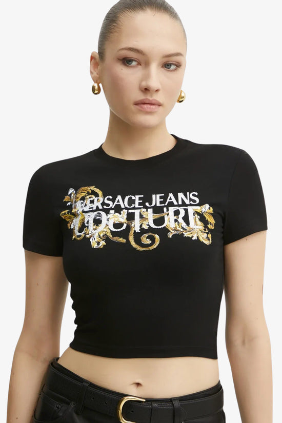 T-Shirt Corta Con Cristalli Outline Barocco-versace jeans couture-Nero-Donna-78hahc05 cj02c g89-