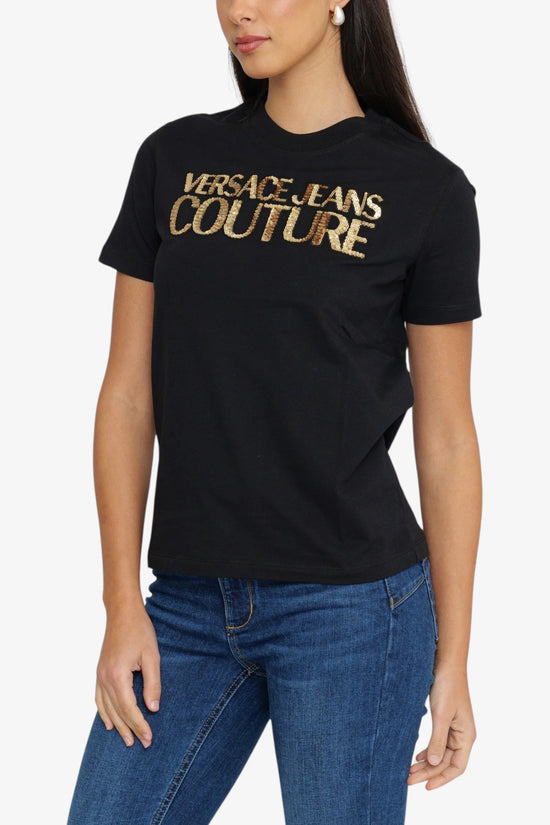 T-Shirt Maniche Corte Institutional Logo Con Paillettes-versace jeans couture-Nero-Donna-78hahe02 cj00e g89-