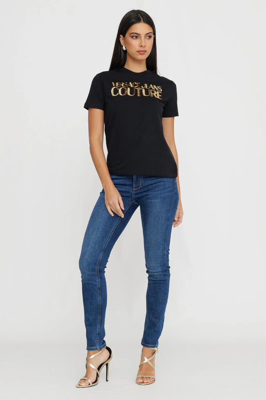 T-Shirt Maniche Corte Institutional Logo Con Paillettes-versace jeans couture-Nero-Donna-78hahe02 cj00e g89-