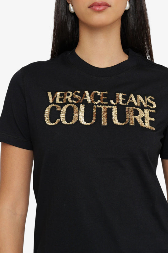 T-Shirt Maniche Corte Institutional Logo Con Paillettes-versace jeans couture-Nero-Donna-78hahe02 cj00e g89-