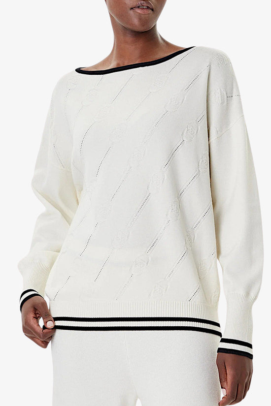 Maglione Scollo A Barca In Viscosa Con Strass Applicati E Loghi Ripetuti-liu jo-Bianco-Donna-Tf5206 ms63l 03n76-