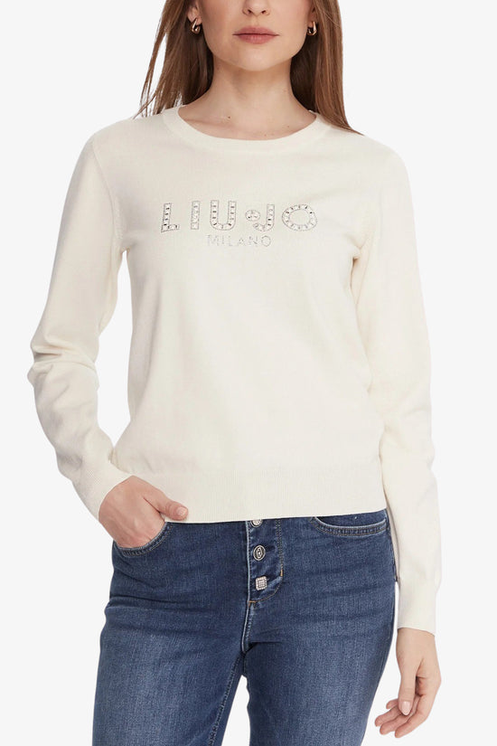Maglione Girocollo Leggero In Viscosa Logo Con Strass E Pietre-liu jo-Bianco-Donna-Tf5248 ms63l 10103-