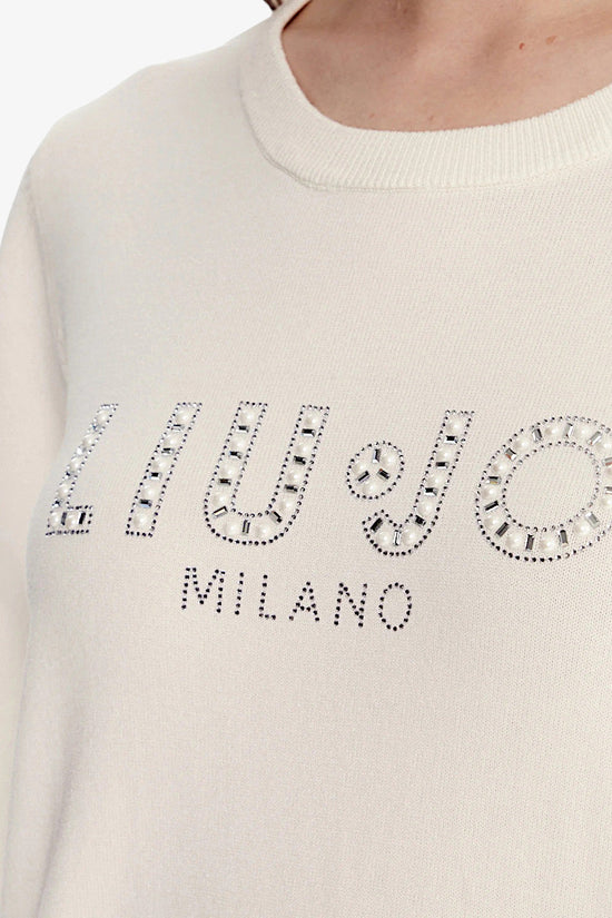 Maglione Girocollo Leggero In Viscosa Logo Con Strass E Pietre-liu jo-Bianco-Donna-Tf5248 ms63l 10103-