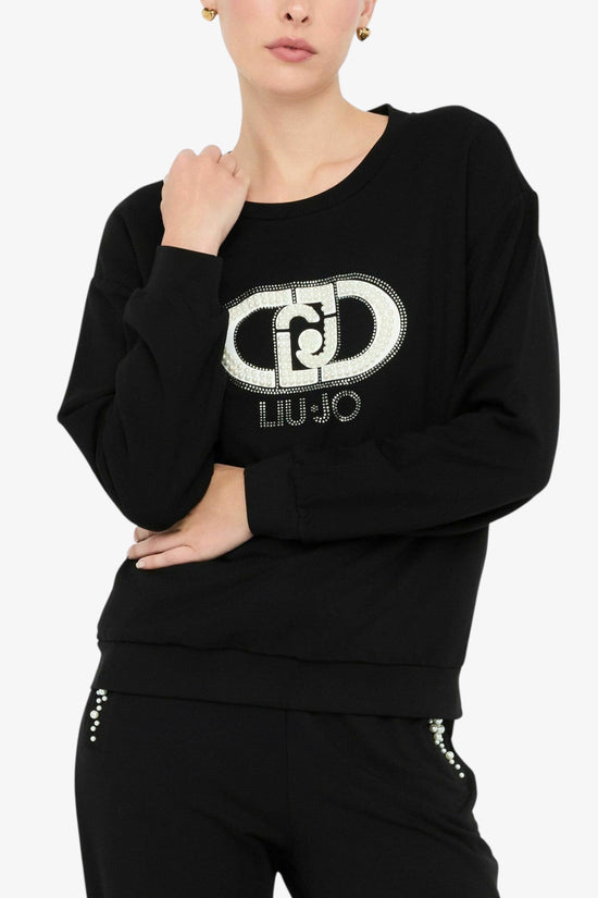 Felpa Girocollo Logo Con Perle E Strass-liu jo-Nero-Donna-Tf5154 fs576 r9932-