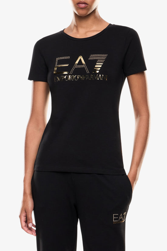 T-Shirt Maniche Corto Logo Series Con Borchiette E Stampa Metallizzata-emporio armani ea7-Nero-Donna-7w000721 af10373 mc021-