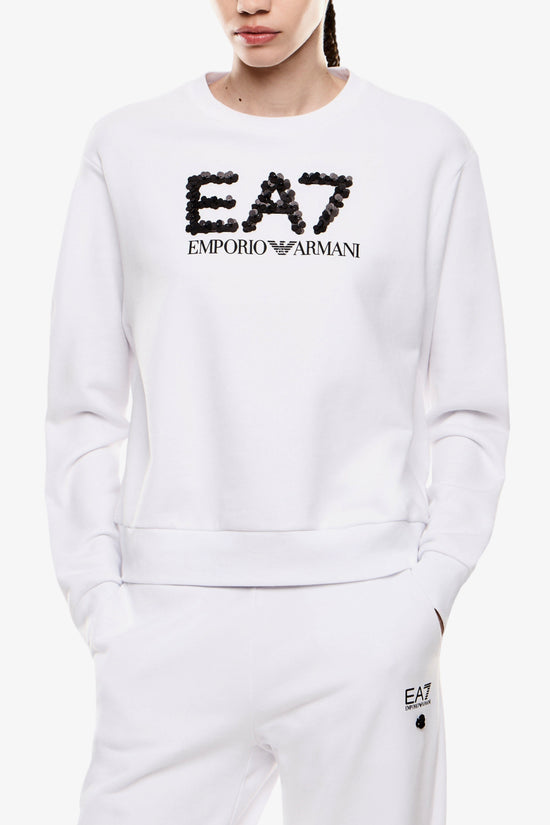 Felpa Girocollo Logo Series Con Paillettes-emporio armani ea7-Bianco-Donna-7w000542 af16442 u0008-