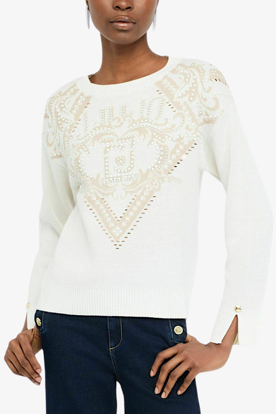 Maglione Girocollo In Lana Con Decorazioni-liu jo-Bianco-Donna-Tf5225 ma51i m9720-