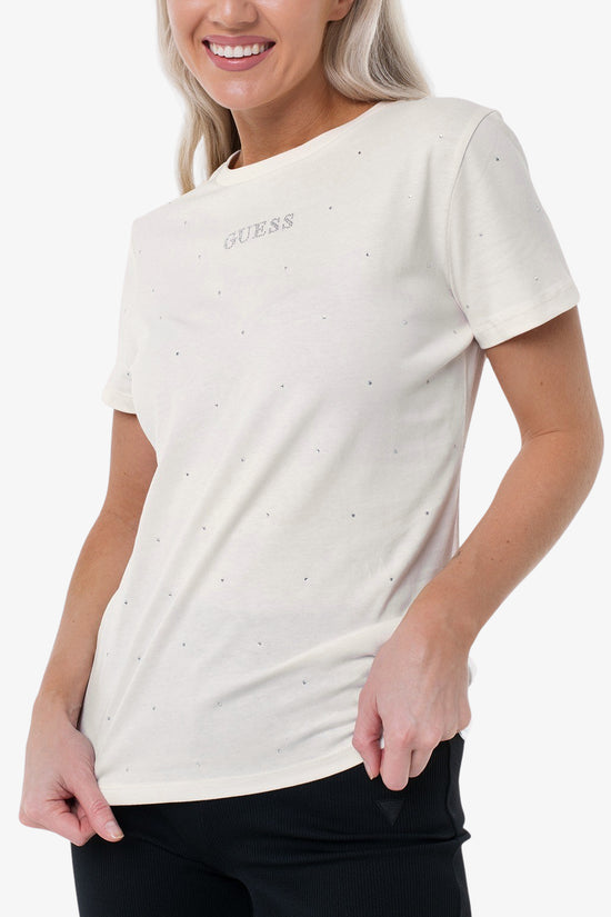 T-Shirt Maniche Corte Con Strass Rhinestones-guess-Beige-Donna-V5ri18i3z14 g6k5-