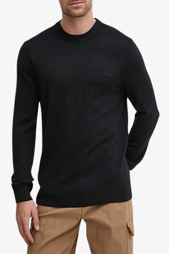 Maglione Girocollo In Misto Lana Logo Piccolo Ricamato-boss-Nero-Uomo-50501762 001-