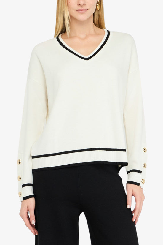 Maglione Scollo A V In Misto Seta Con Dettagli A Contrasto E Bottoni-liu jo-Bianco-Donna-Tf5229 ms59l 03n76-