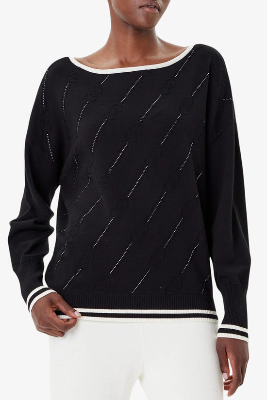 Maglione Scollo A Barca In Viscosa Con Strass Applicati E Loghi Ripetuti-liu jo-Nero-Donna-Tf5206 ms63l 03n66-