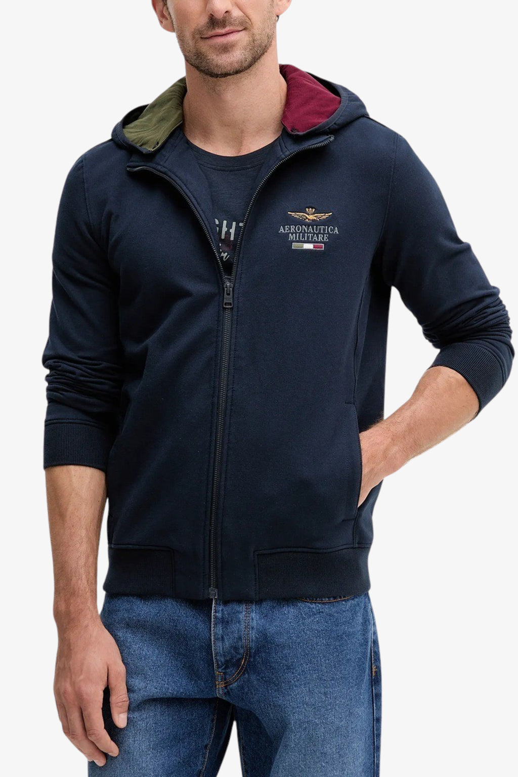 Aeronautica Militare Felpa Full Zip Con Cappuccio Removibile Blu