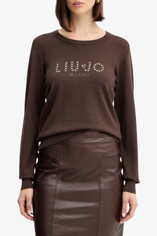 Maglione Girocollo Leggero In Viscosa Logo Con Strass E Pietre-liu jo-Marrone-Donna-Tf5248 ms63l 90915-