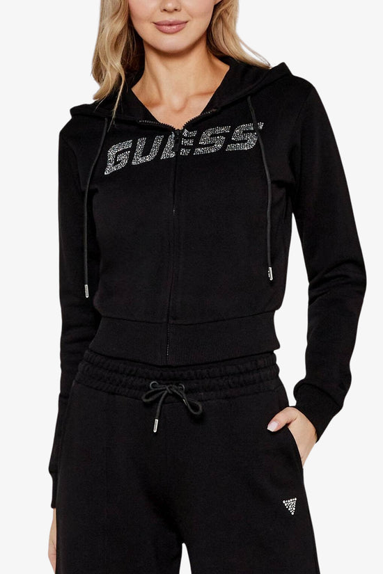 Felpa Corta Full Zip Con Cappiccio Logo Strass Rhinestones Primula-guess-Nero-Donna-V5gq10kcrp0 jblk-