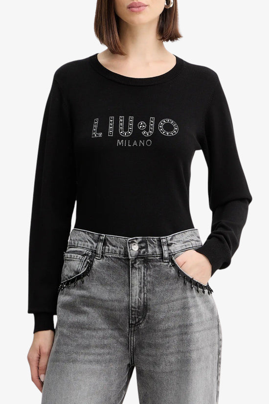 Maglione Girocollo Leggero In Viscosa Logo Con Strass E Pietre-liu jo-Nero-Donna-Tf5248 ms63l 22222-
