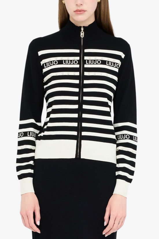 Cardigan Full Zip A Righe Con Dettaglio Perle-liu jo-Nero-Donna-Tf5214 ms63l 03n66-