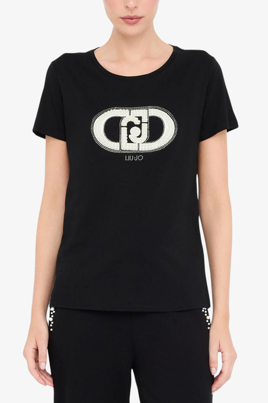 T-Shirt Maniche Corte Logo Con Perle E Strass-liu jo-Nero-Donna-Tf5280 js923 n9785-