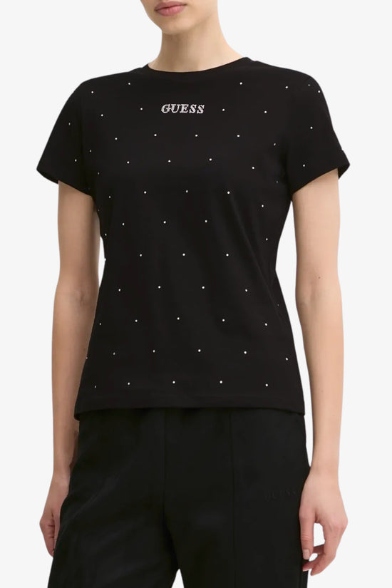 T-Shirt Maniche Corte Con Strass Rhinestones-guess-Nero-Donna-V5ri18i3z14 jblk-