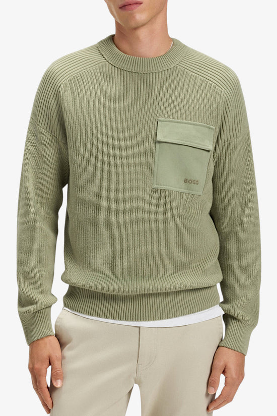 Maglione Girocollo In Cotone A Coste Con Tasca A Contrasto-boss-Verde-Uomo-50546175 370-