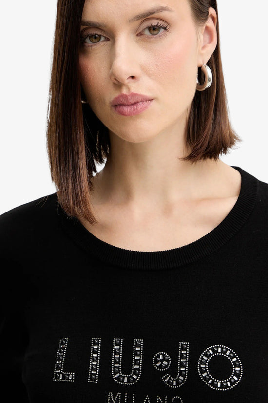 Maglione Girocollo Leggero In Viscosa Logo Con Strass E Pietre-liu jo-Nero-Donna-Tf5248 ms63l 22222-