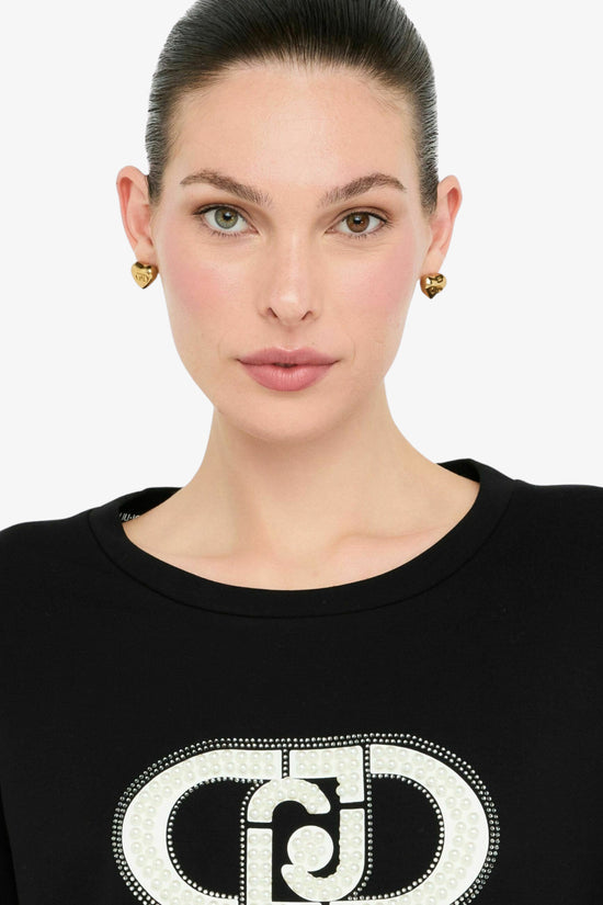 Felpa Girocollo Logo Con Perle E Strass-liu jo-Nero-Donna-Tf5154 fs576 r9932-