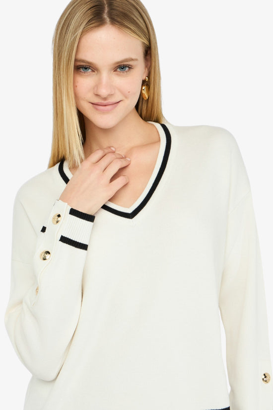 Maglione Scollo A V In Misto Seta Con Dettagli A Contrasto E Bottoni-liu jo-Bianco-Donna-Tf5229 ms59l 03n76-