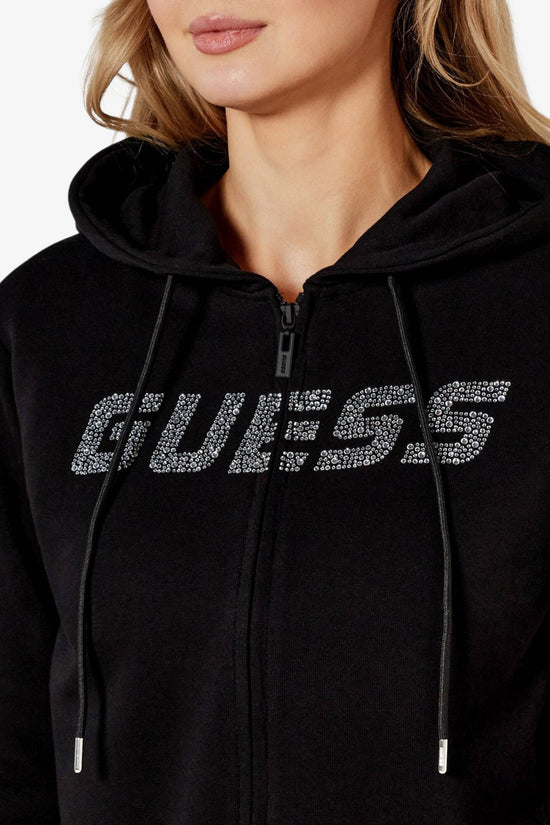 Felpa Corta Full Zip Con Cappiccio Logo Strass Rhinestones Primula-guess-Nero-Donna-V5gq10kcrp0 jblk-