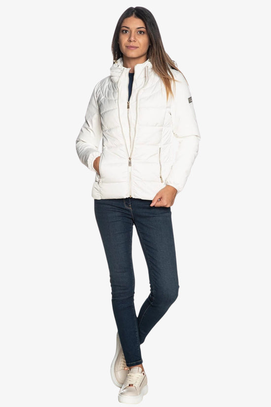Piumino Corto Full Zip Con Cappuccio Maniche Softshell-yes zee-Bianco-Donna-J045/m800 0157-