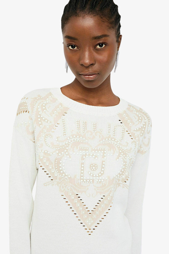 Maglione Girocollo In Lana Con Decorazioni-liu jo-Bianco-Donna-Tf5225 ma51i m9720-