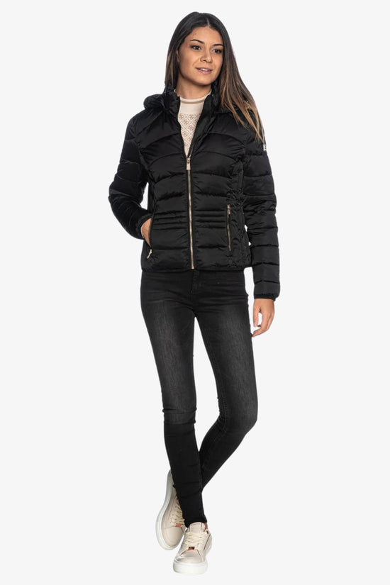 Piumino Corto Full Zip Con Cappuccio-yes zee-Nero-Donna-J007/m800 0801-