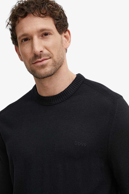 Maglione Girocollo In Misto Lana Logo Piccolo Ricamato-boss-Nero-Uomo-50501762 001-