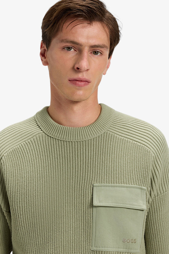 Maglione Girocollo In Cotone A Coste Con Tasca A Contrasto-boss-Verde-Uomo-50546175 370-