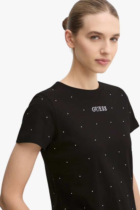 T-Shirt Maniche Corte Con Strass Rhinestones-guess-Nero-Donna-V5ri18i3z14 jblk-