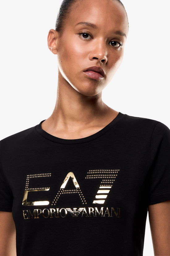 T-Shirt Maniche Corto Logo Series Con Borchiette E Stampa Metallizzata-emporio armani ea7-Nero-Donna-7w000721 af10373 mc021-