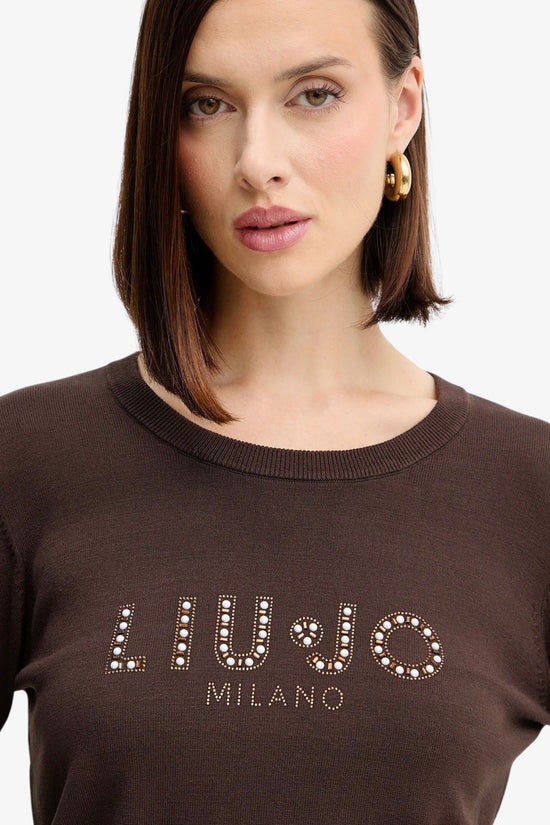 Maglione Girocollo Leggero In Viscosa Logo Con Strass E Pietre-liu jo-Marrone-Donna-Tf5248 ms63l 90915-