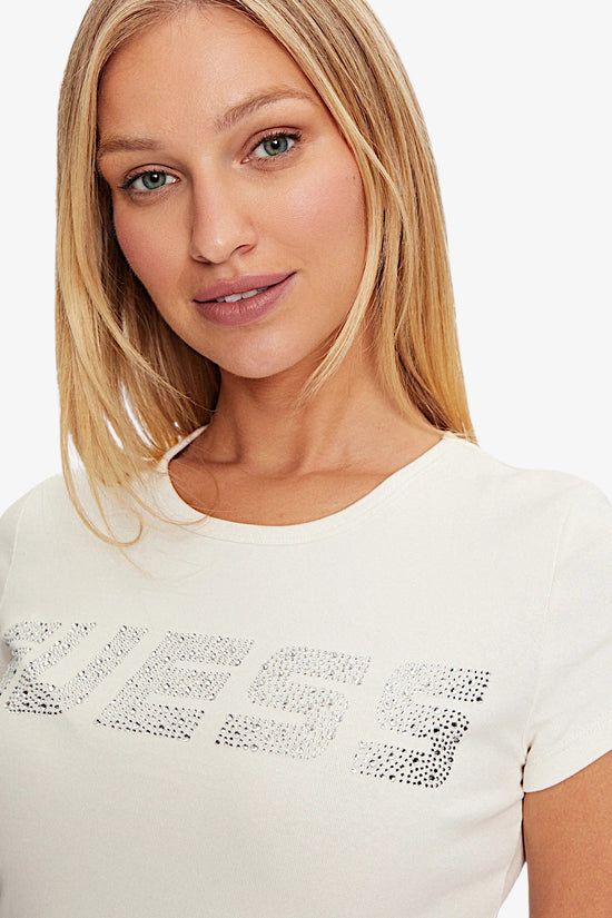 T-Shirt Maniche Corte Logo Strass Kiara-guess-Bianco-Donna-V4bi16kciv1 g6k5-