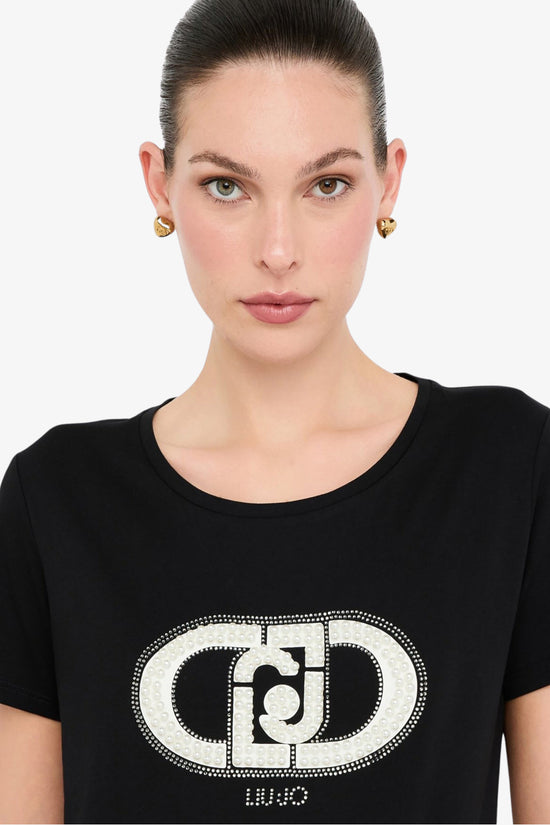 T-Shirt Maniche Corte Logo Con Perle E Strass-liu jo-Nero-Donna-Tf5280 js923 n9785-
