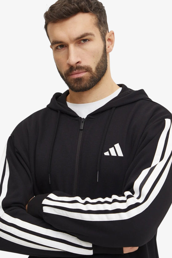 Felpa Full Zip Con Cappuccio Essential 3-Stripes-adidas performance-Nero-Uomo-Jd1877-