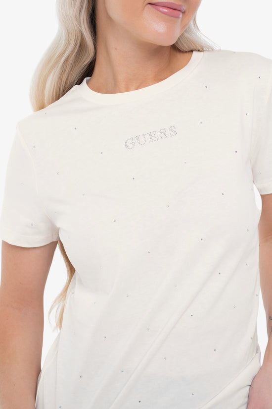 T-Shirt Maniche Corte Con Strass Rhinestones-guess-Beige-Donna-V5ri18i3z14 g6k5-