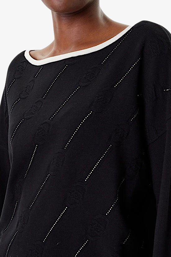 Maglione Scollo A Barca In Viscosa Con Strass Applicati E Loghi Ripetuti-liu jo-Nero-Donna-Tf5206 ms63l 03n66-