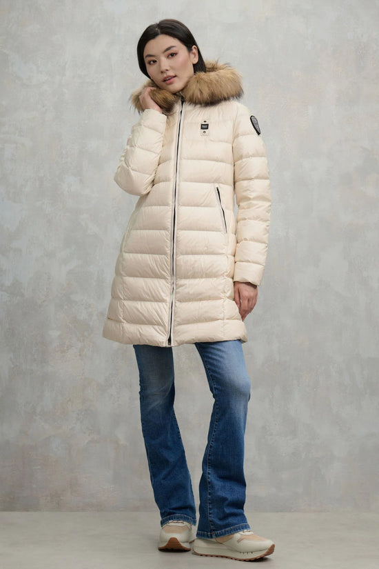 Piumino Lungo Full Zip Con Cappuccio Bordo Pelliccia Kristin-blauer-Beige-Donna-25wbldk03103 006047 907gg-