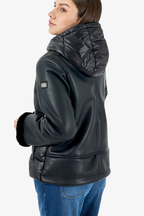 Giacca Eco Montone Full Zip Con Cappuccio Con Inserti Trapuntati-yes zee-Nero-Donna-J018/gb00 0801-