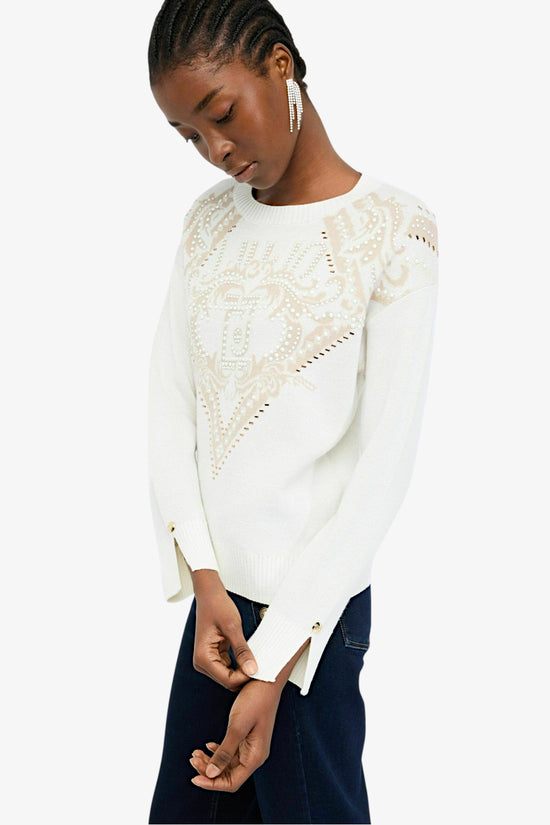 Maglione Girocollo In Lana Con Decorazioni-liu jo-Bianco-Donna-Tf5225 ma51i m9720-