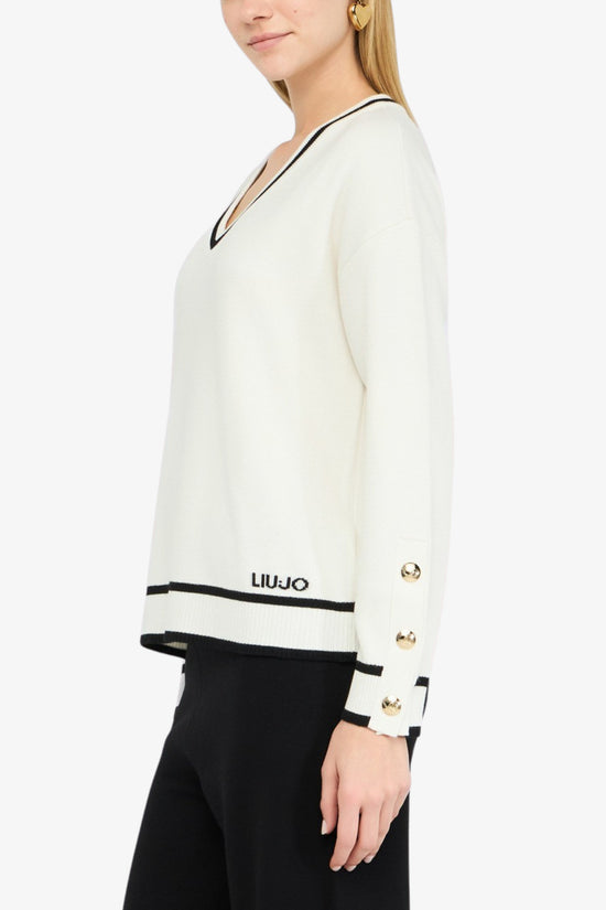 Maglione Scollo A V In Misto Seta Con Dettagli A Contrasto E Bottoni-liu jo-Bianco-Donna-Tf5229 ms59l 03n76-
