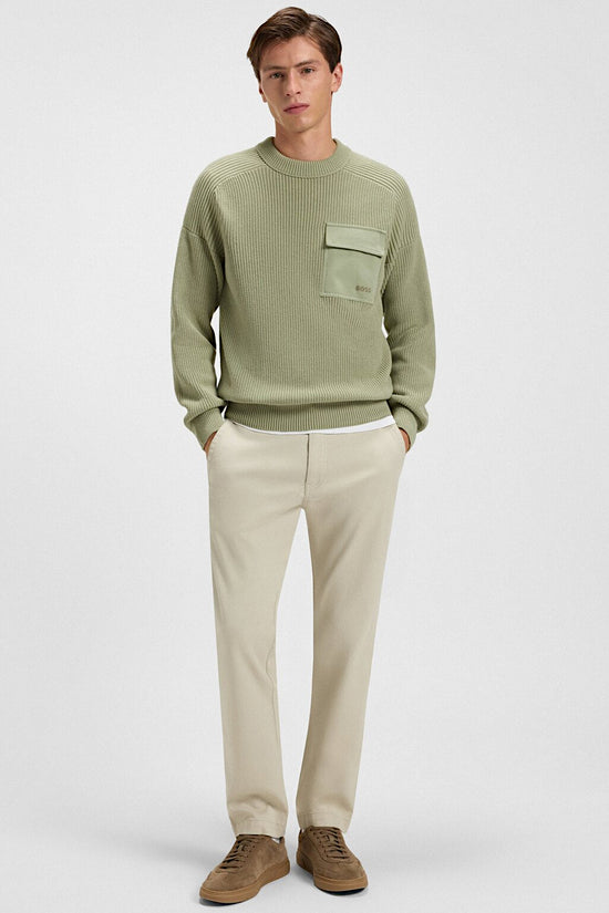 Maglione Girocollo In Cotone A Coste Con Tasca A Contrasto-boss-Verde-Uomo-50546175 370-