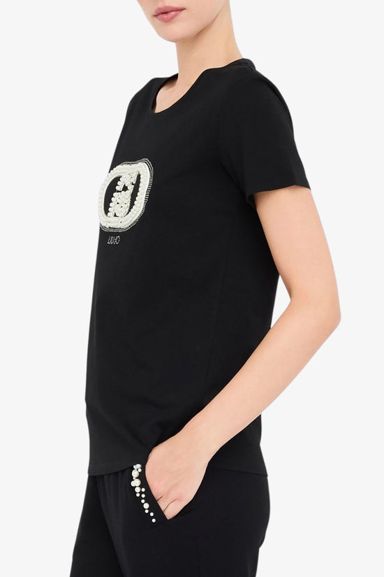 T-Shirt Maniche Corte Logo Con Perle E Strass-liu jo-Nero-Donna-Tf5280 js923 n9785-