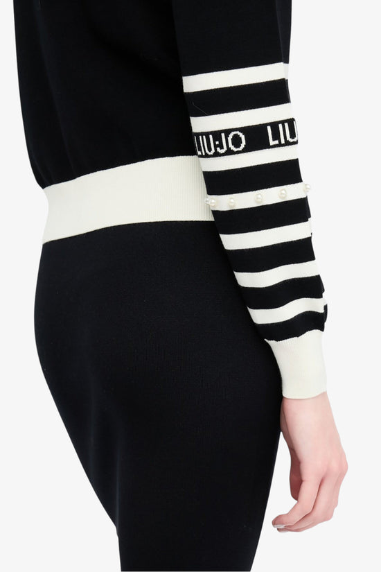 Cardigan Full Zip A Righe Con Dettaglio Perle-liu jo-Nero-Donna-Tf5214 ms63l 03n66-
