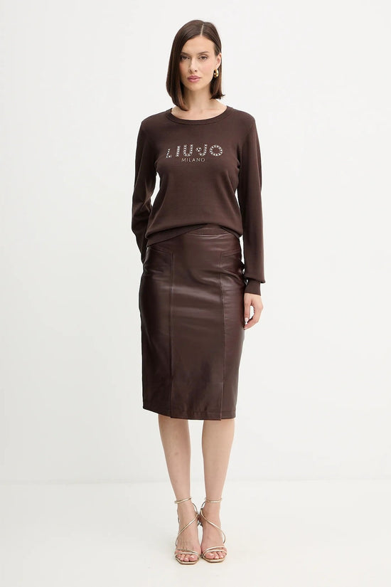Maglione Girocollo Leggero In Viscosa Logo Con Strass E Pietre-liu jo-Marrone-Donna-Tf5248 ms63l 90915-