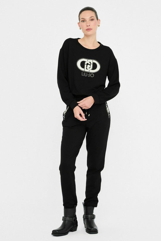 Felpa Girocollo Logo Con Perle E Strass-liu jo-Nero-Donna-Tf5154 fs576 r9932-